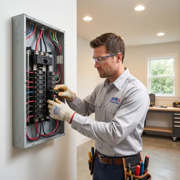 Licensed electrician replacing an electrical panel in a Des Moines area home