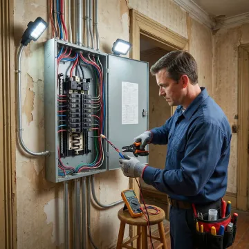 Licensed electrician rewiring an older home's electrical system in Des Moines