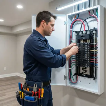 Licensed electrician replacing an electrical panel in a Des Moines home