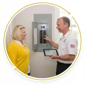 Electrician walking a homeowner through electrical panel inspection results
