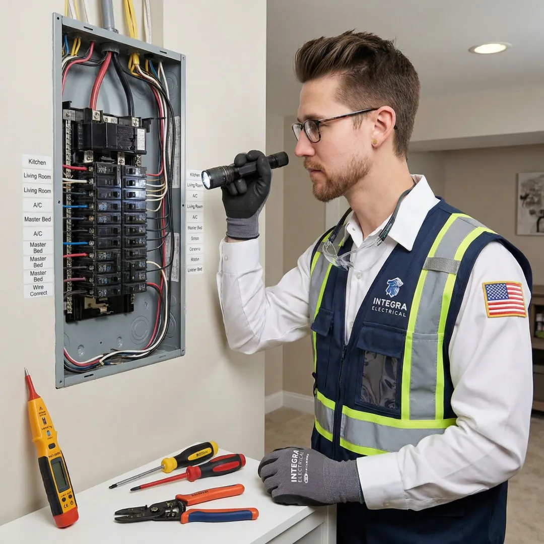Licensed electrician performing home electrical wiring repair in a Des Moines area residence