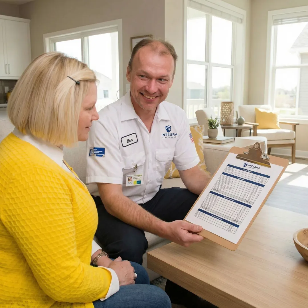 Electrician explaining electrical upgrade options to a Pleasant Hill homeowner