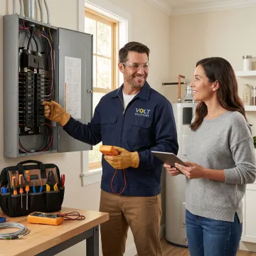 Electrician explaining electrical service options to a homeowner during a walkthrough