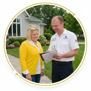 Electrician reviewing outdoor electrical installation plan with a homeowner on a residential property