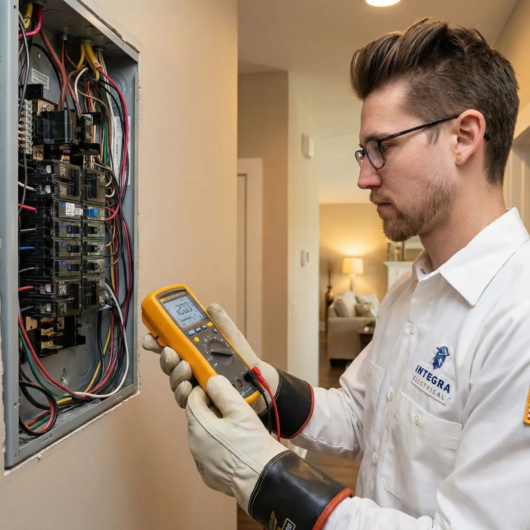 Electrician using a digital voltage analyzer to inspect a home's electrical panel