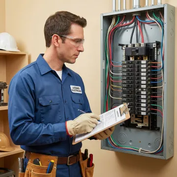 Electrician conducting a final inspection of rewired home electrical panel