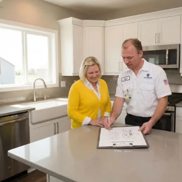 Electrician reviewing electrical diagram with homeowner in an Iowa residential home