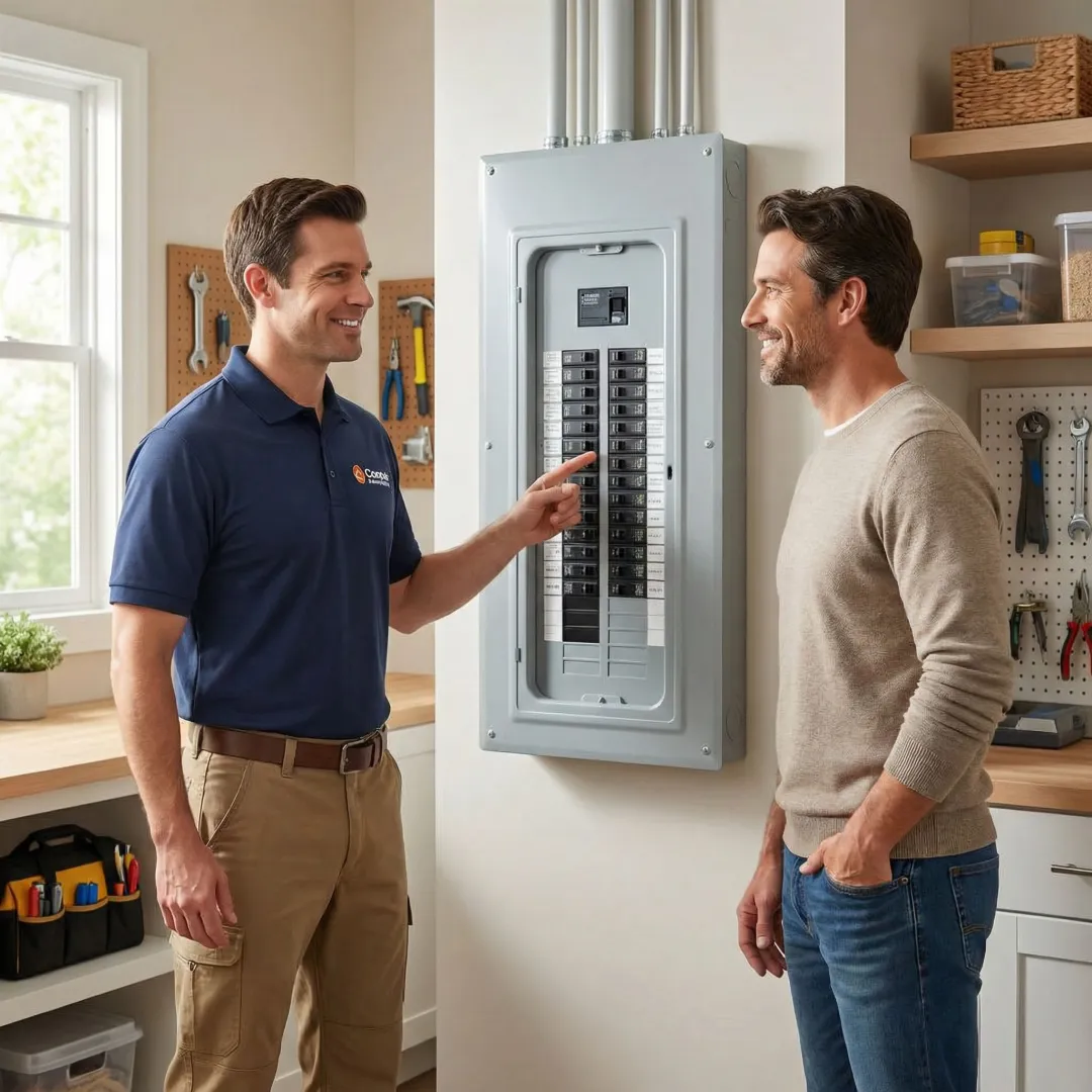 Electrician walking a homeowner through completed electrical work in their home