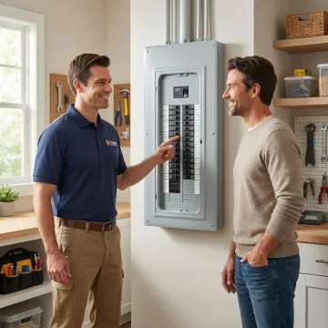 Electrician walking a homeowner through completed electrical work in their home