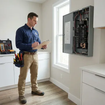 Electrician performing a final inspection and walkthrough of a newly installed electrical panel