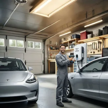Licensed electrician installing a Level 2 EV charger on a residential garage wall in Toms River, NJ