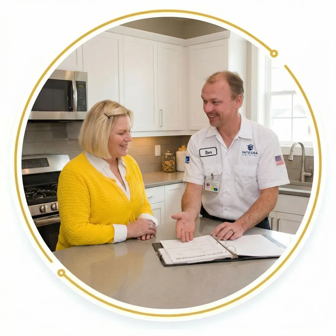 Electrician reviewing electrical inspection findings with a homeowner in their living room