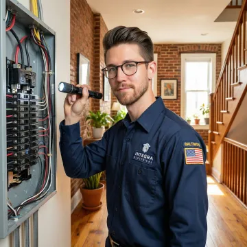 Licensed residential electrician working on a home electrical panel in Baltimore