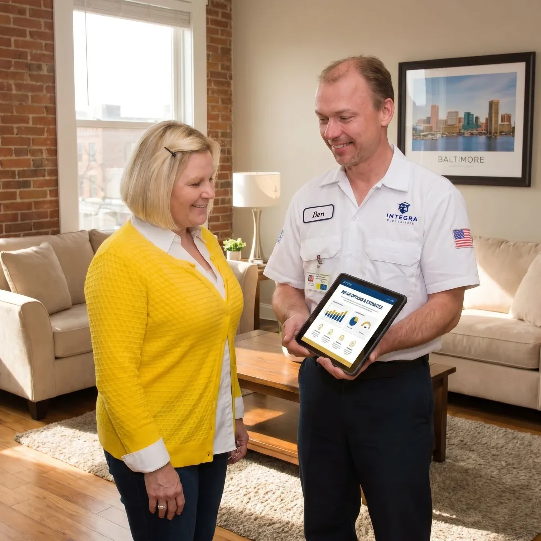 Electrician explaining repair options to a Baltimore homeowner