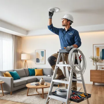Licensed electrician installing recessed lighting in a Des Moines home ceiling