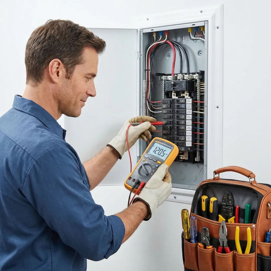 Electrician performing a step-by-step electrical panel replacement in a residential home