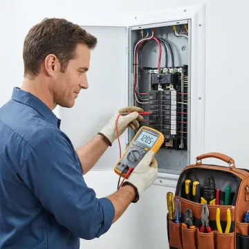 Electrician performing a step-by-step electrical panel replacement in a residential home