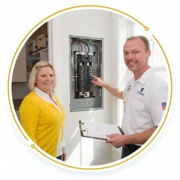 Electrician completing a final walkthrough with a homeowner after rewiring