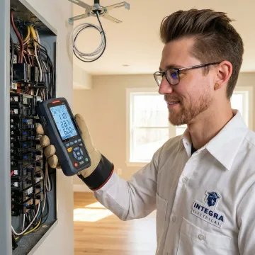 Electrician performing a safety check before ceiling fan installation