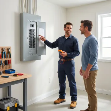 Electrician performing a final inspection and walkthrough after completing a home rewiring project