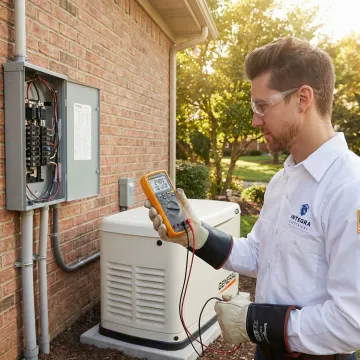 Electrician testing a newly installed standby generator system at a home