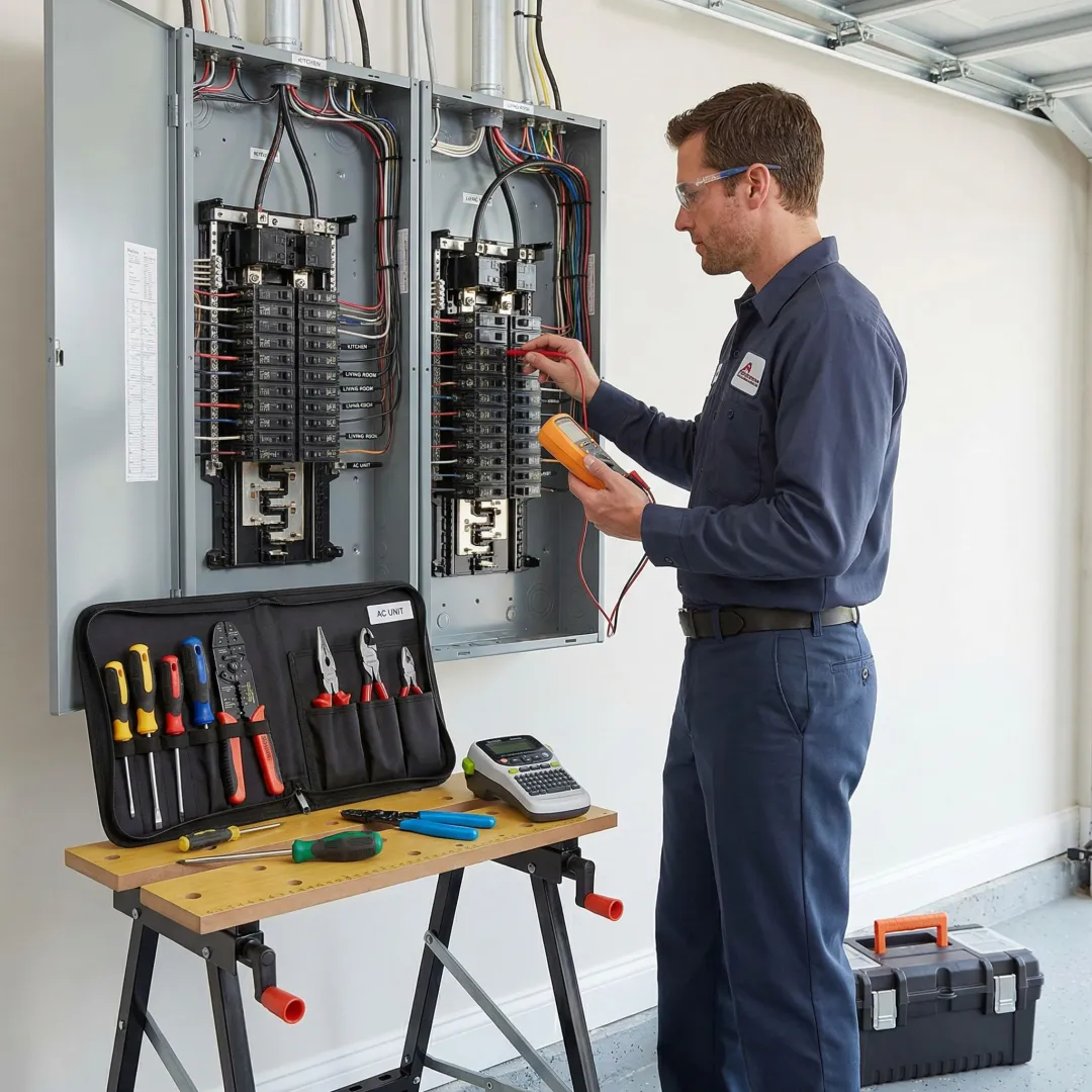 Electrician performing a step-by-step electrical panel inspection and upgrade process