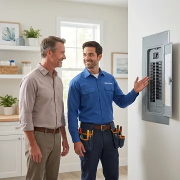 Electrician walking a homeowner through completed electrical work in a residential home
