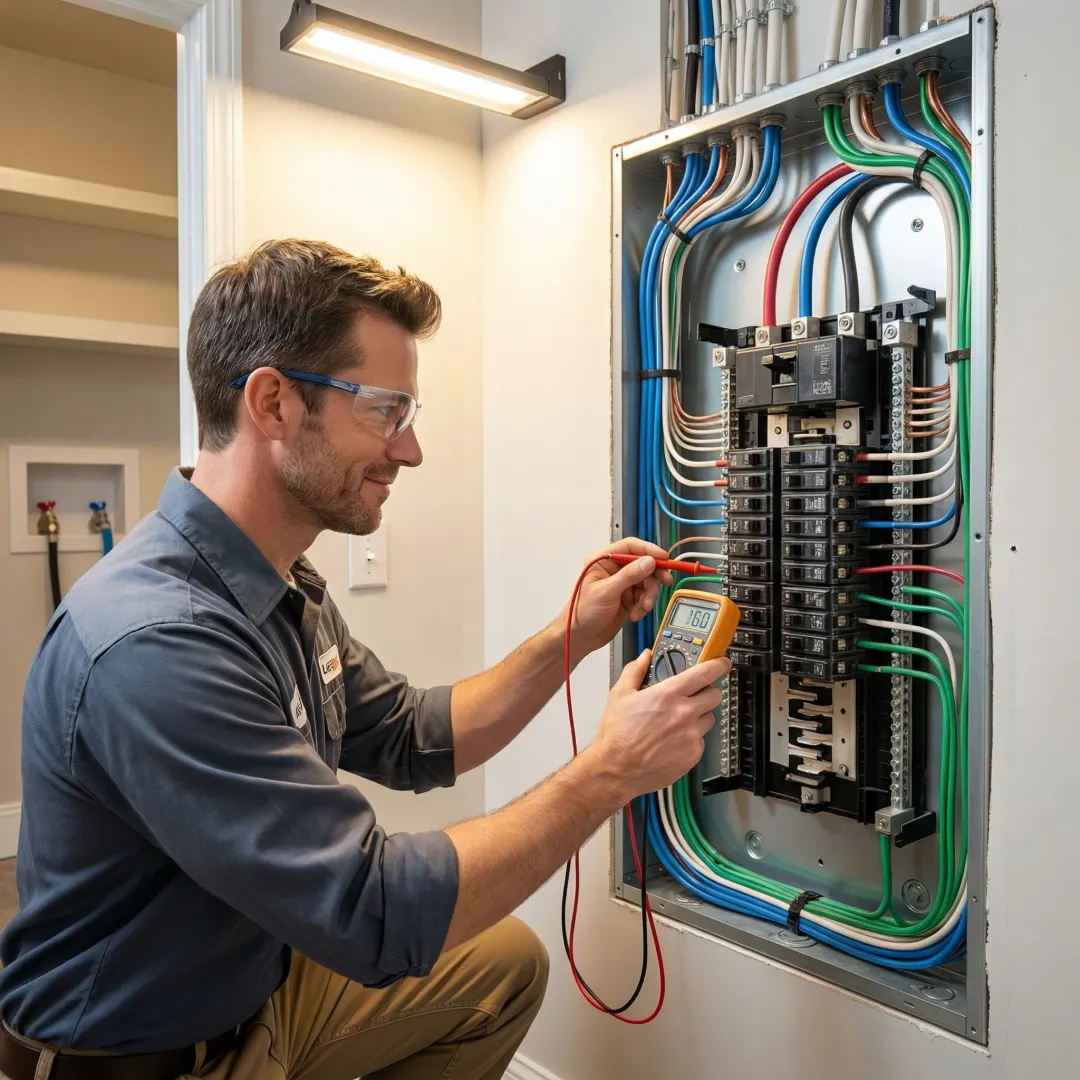 Electrician testing circuits after completing home rewiring installation