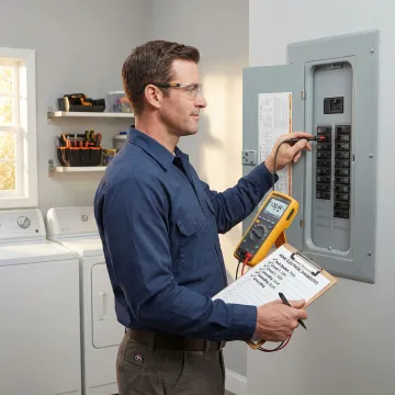 Electrician reviewing findings from a residential electrical panel safety evaluation