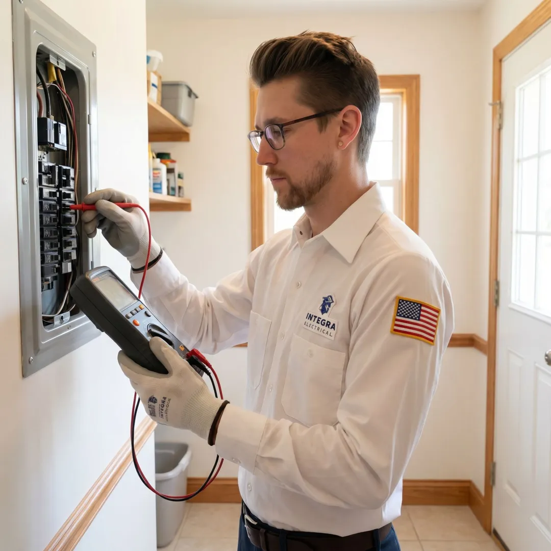 Licensed electrician performing a residential electrical inspection in an Akron home
