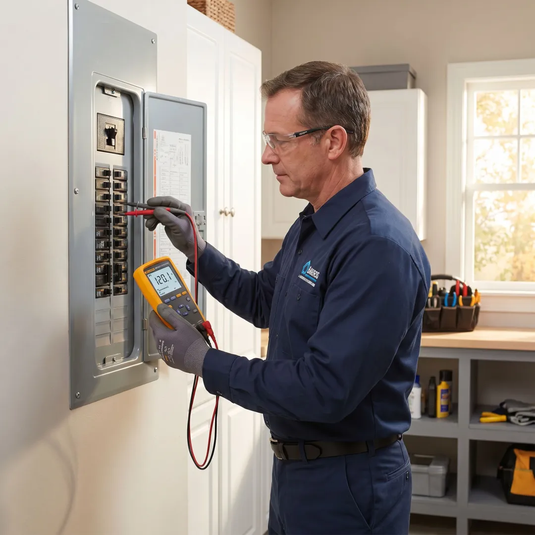 Certified electrician performing an electrical safety inspection on a residential panel in Des Moines