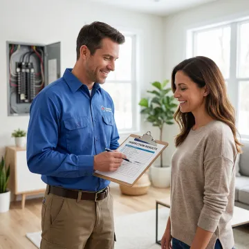 Electrician explaining electrical safety inspection findings to a homeowner