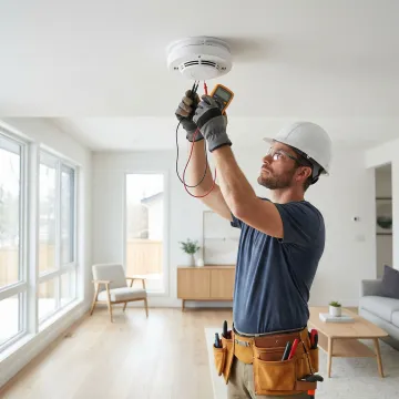 Electrician testing a newly installed interconnected smoke detector system in a home