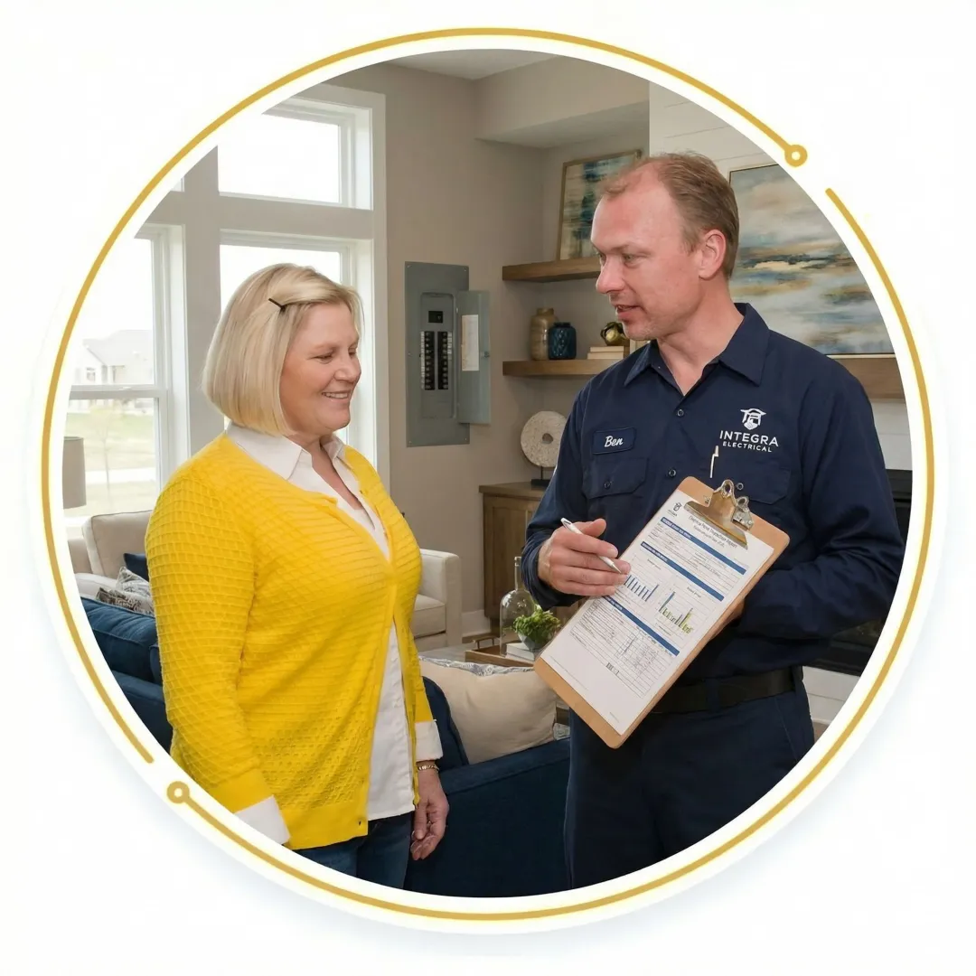 Electrician walking a homeowner through electrical safety inspection findings and repair options