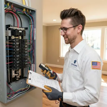 Electrician reviewing wiring plans and testing a newly rewired electrical panel in a home