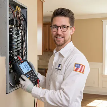 Electrician using a digital voltage analyzer to inspect home wiring