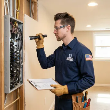 Licensed electrician inspecting an electrical panel for code compliance in an Eldora, IA home