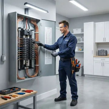 Licensed electrician replacing an electrical panel in a Webster City, IA home