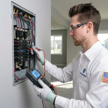 Electrician using a digital voltage analyzer during a home electrical safety evaluation