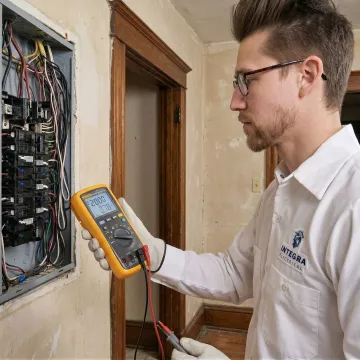 Electrician performing a safety evaluation on a residential electrical panel in Iowa
