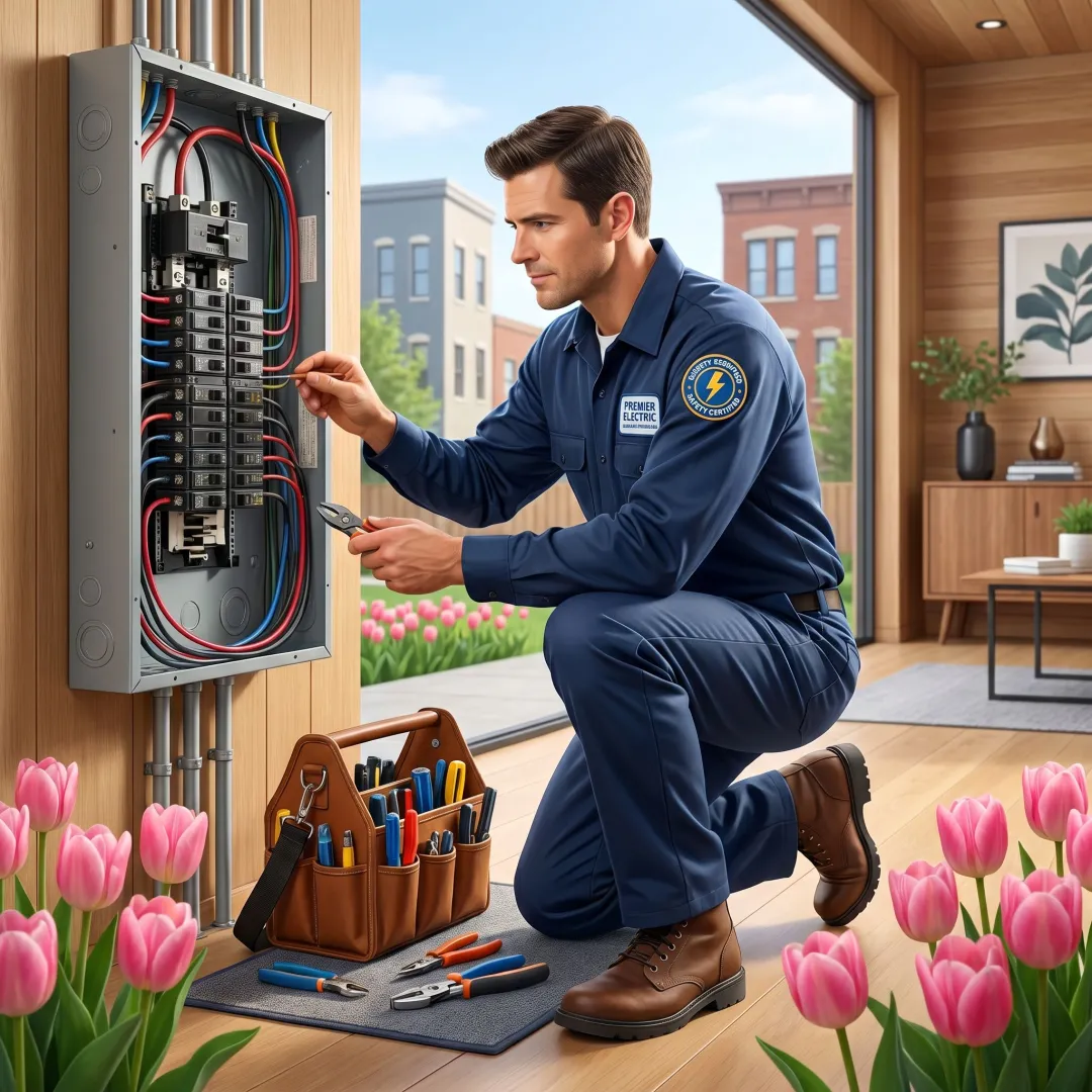 Licensed electrician working on an electrical panel in a Bagley, IA home