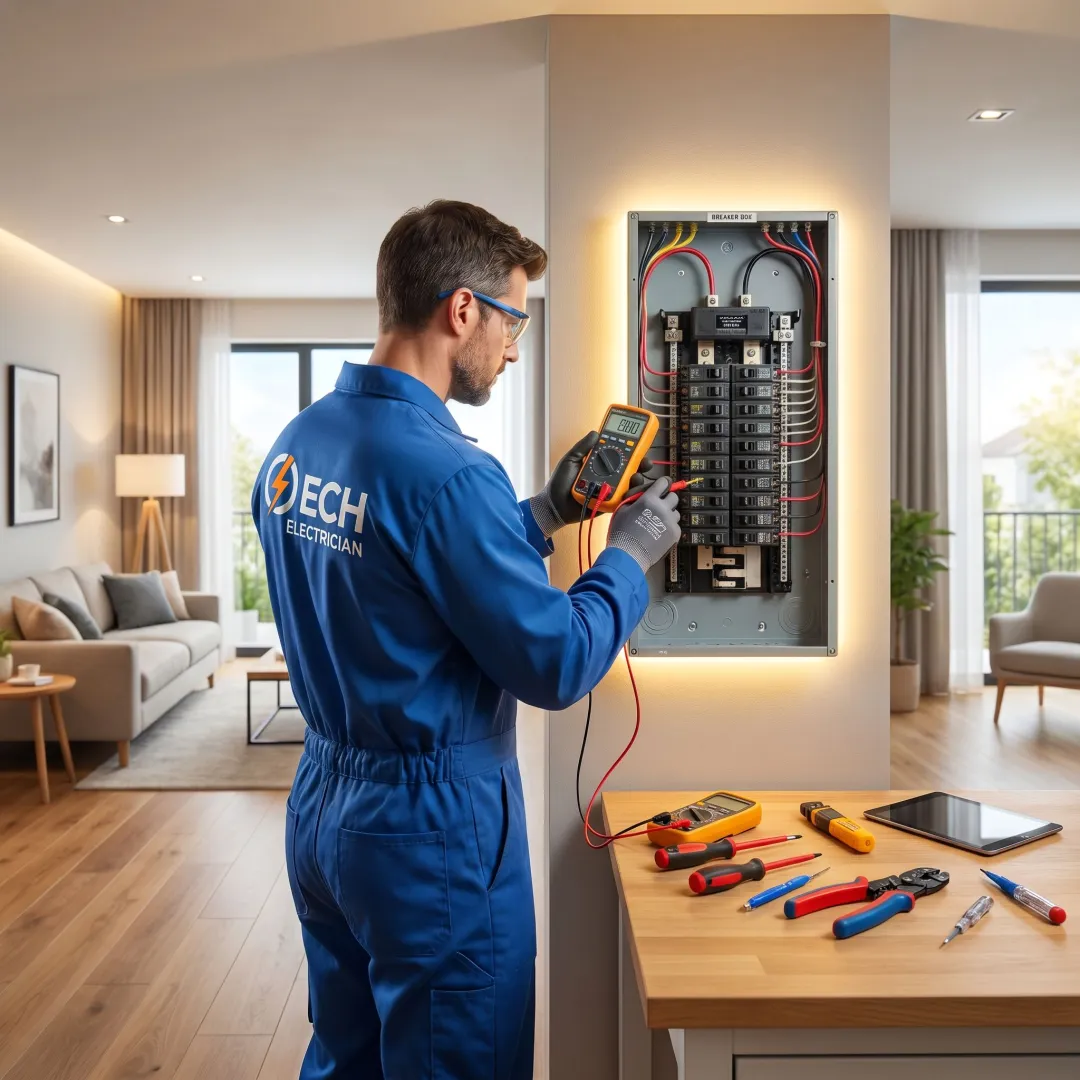 Licensed residential electrician inspecting an electrical panel in an Ankeny, Iowa home