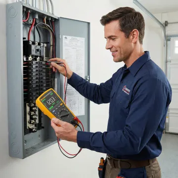 Electrician using a digital voltage analyzer to inspect a home electrical system
