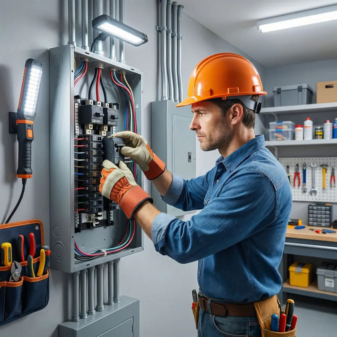 Licensed electrician upgrading a residential electrical panel in Indianola, IA