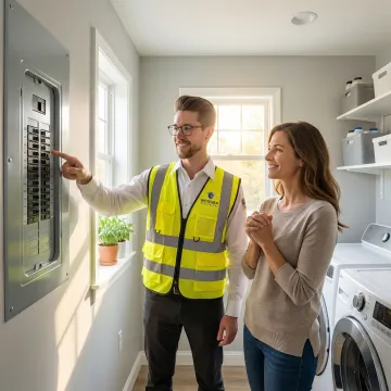 Electrician conducting a home rewiring safety walkthrough with a homeowner