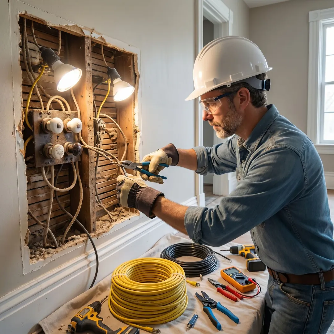 Licensed electrician replacing old wiring in a Boone, IA home