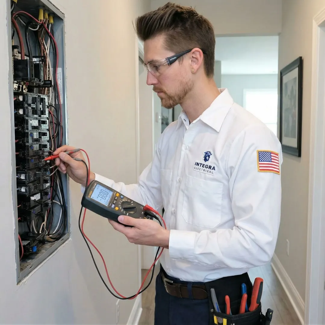 Electrician performing a safety evaluation on a home electrical system in Pella, IA