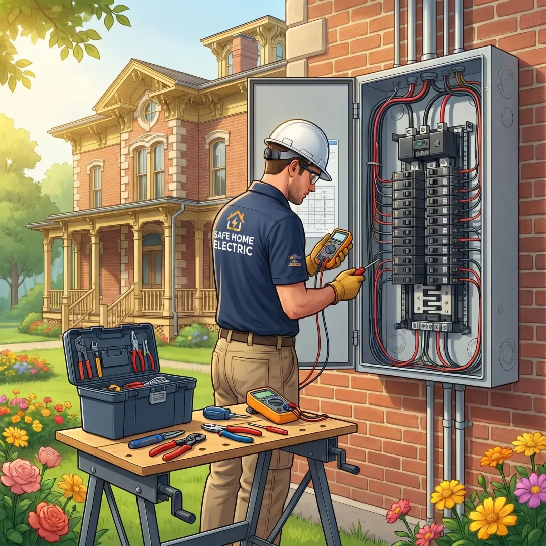 Licensed electrician working on a residential electrical panel in a Pella, Iowa home