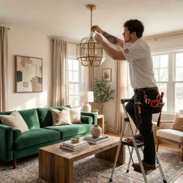 Electrician wiring a new light fixture in a residential living room