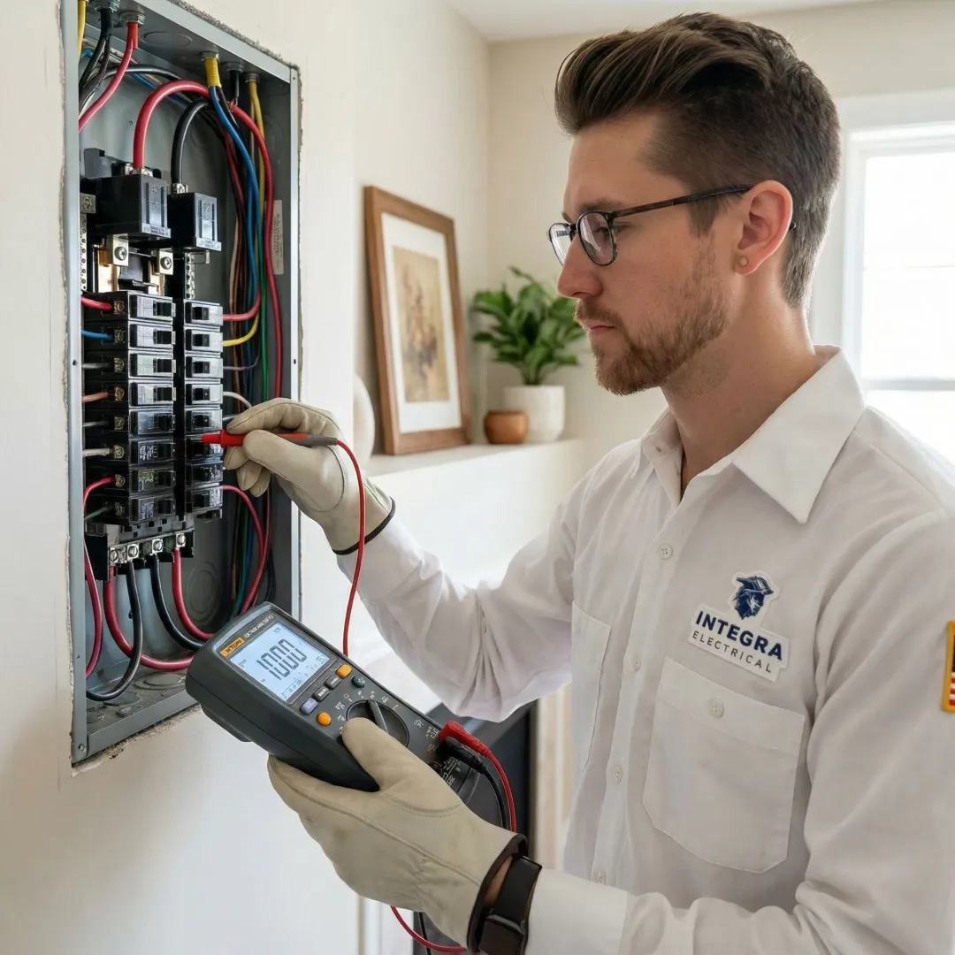 Licensed electrician diagnosing an electrical panel in a Winterset, IA home